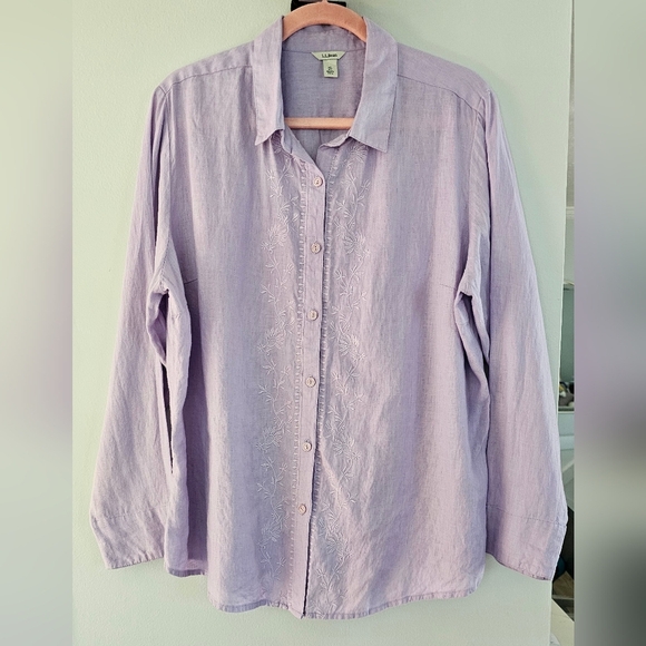 VINTAGE L.L. Bean Button Down 100% Linen Long Sleeve Purple Embroider Floral XL - Picture 1 of 6